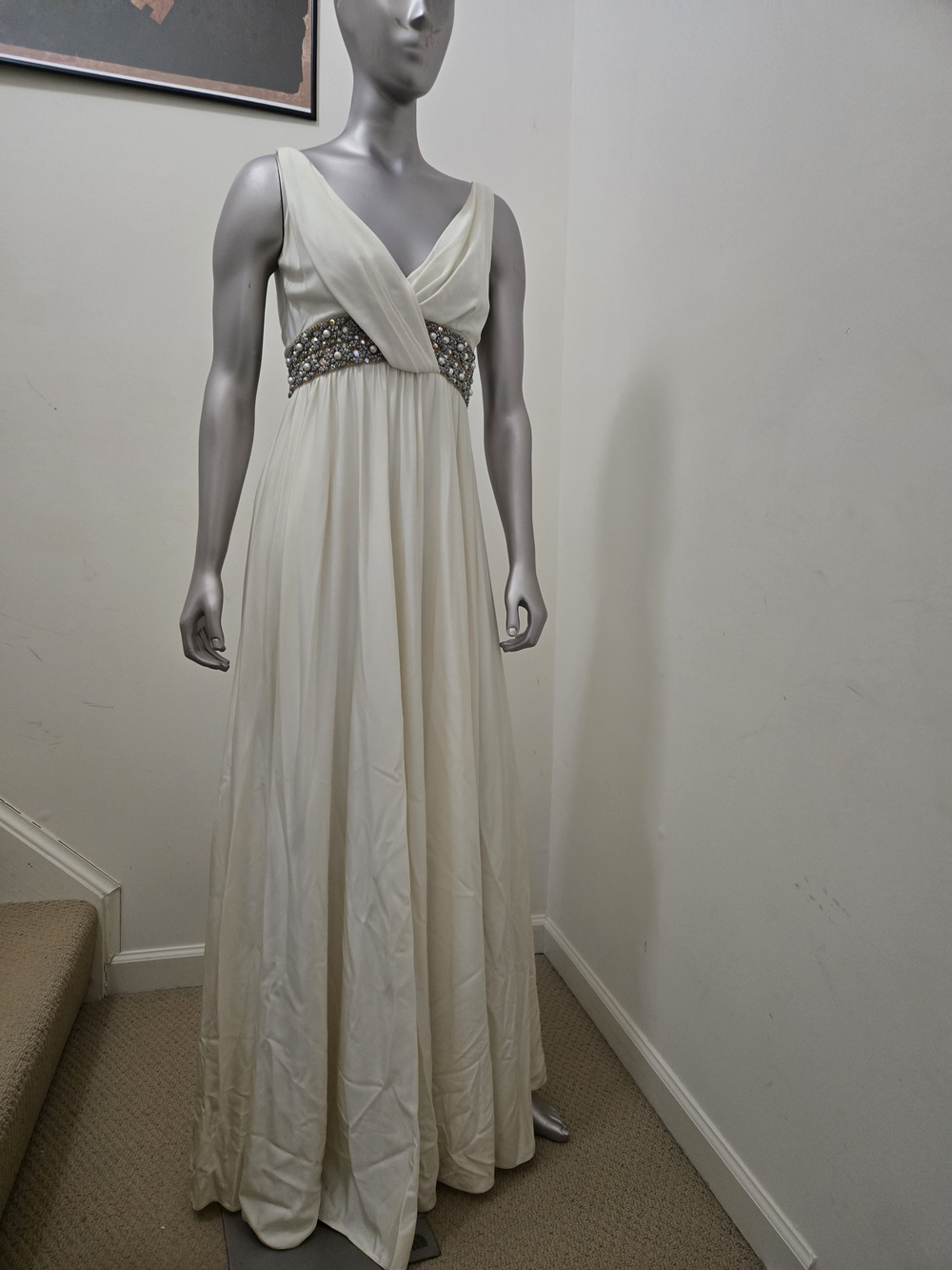 Elegant Ivory Beaded Empire Waist Evening Gown